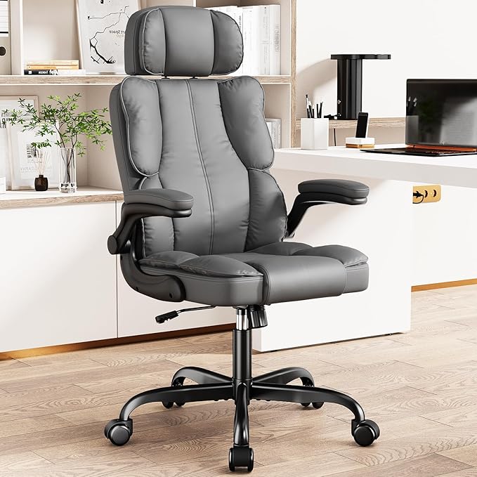 Executive Leather Office Chair, Computer Chair with Thick Cushion & Lumbar Support, Ergonomic Desk Chair with Adjustable Headrest & Armrests,Grey