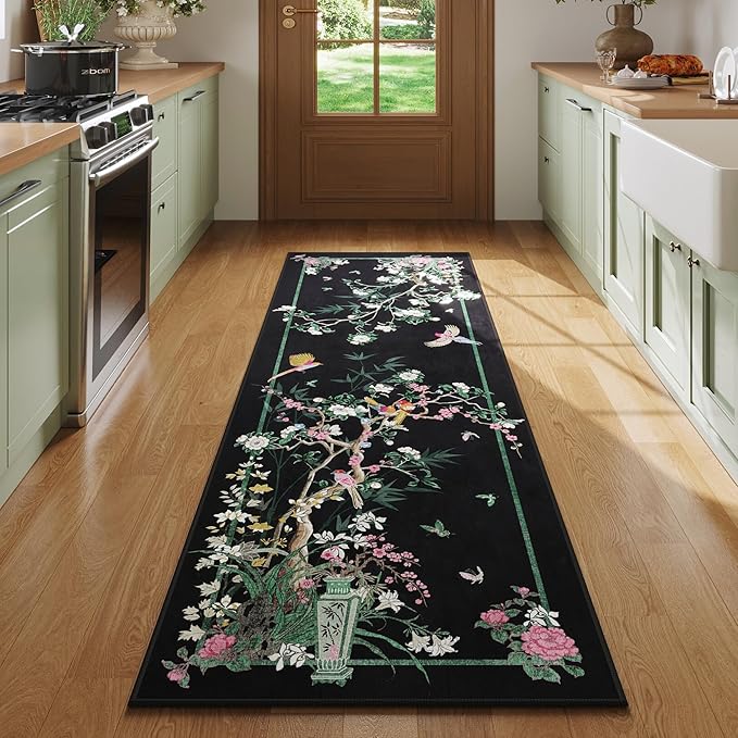 Runner Rug 2x6 Chinoiserie-Style Floral Vintage Kitchen Rugs Non Slip Washable with Rubber Backing Soft Carpet for Laundry, Bedroom, Bathroom, Black