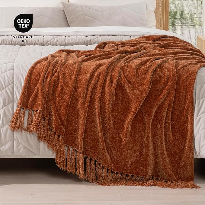 RECYCO Throw Blanket Soft Cozy Chenille Throw Blanket with Fringe Tassel for Couch Sofa Chair Bed Living Room Gift (Rust, 60" x 80")