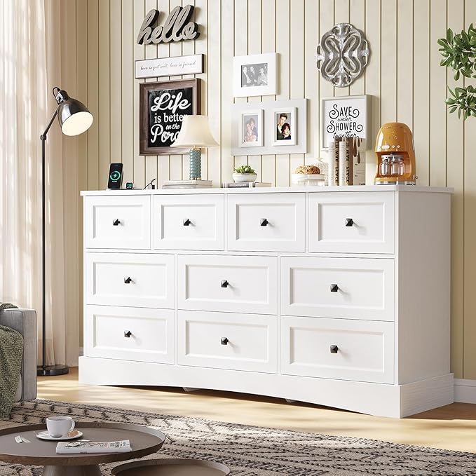 Hasuit White Dresser for Bedroom with 10 Drawers, 55.2" Long Drawer Dresser with Charging Station, Farmhouse Dresser Chest of Drawers, Large Wooden Storage Tower Organizer, Dresser for Bedroom Closet