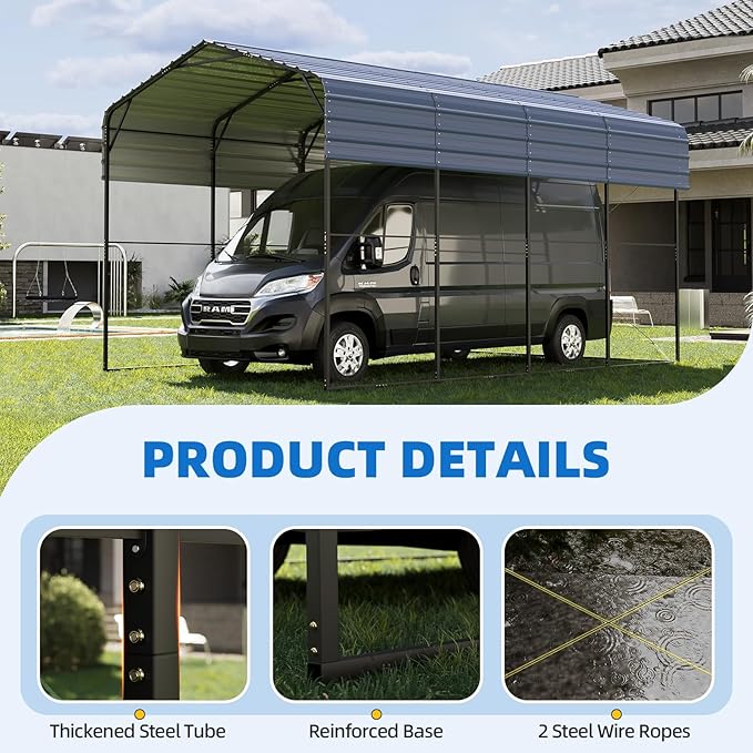 YOLENY 14x20 FT RV Carport, Heavy Duty Metal Carport with Reinforced Metal Frame & Galvanized Roof, Weather-Resistant Car Shelter for RV, Cars, Trucks, Boats, SUVs, and Tractors, Gray