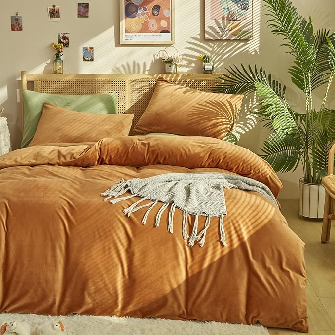 Cottonight Pumpkin Velvet Comforter King Rust Flannel Bedding Cal King Winter Flannel Burnt Orange Quilts Soft Terracotta Plush Fluffy Comforter Set