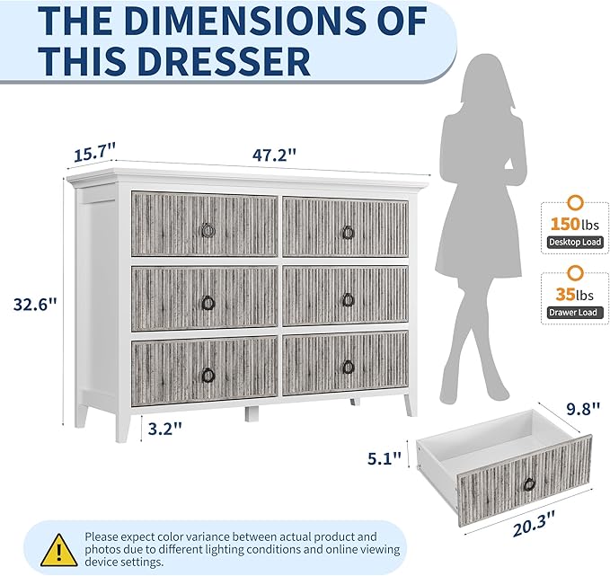 GarveeHome 6 Drawer Dresser for Bedroom，Waveform Fluted Chest with Large Drawer, Wooden Chest of Storage Cabinet, Fluted Dressers for Bedroom Living Room Hallway Closet, Anti-Tipping