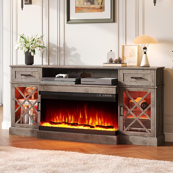 3-Sided Farmhouse LED Fireplace TV Stand, 70" Large Entertainment Center Glass Doors for TVs up to 80", Modern Wood Grain High-Gloss TV Storage Cabinet for Living Room, Light Grey