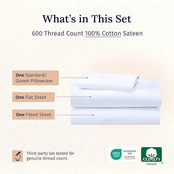 California Design Den XL Twin Sheets Set - Luxury 600 Thread Count 100% Cotton Sateen, Twin XL Sheet Set with All Around Elastic for a Snug Fit, Hotel Quality Bedding - White