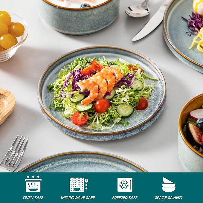 vancasso ONION Ceramic Plates and Bowls Sets, 12 Pieces Light Blue Dinnerware Sets for Kitchen, Reactive Glaze Dishes Set for 4, Dishwasher and Microwave Safe