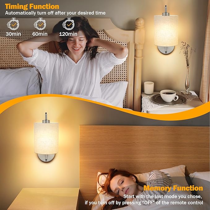 Battery Operated Wall Sconce Set of 2, Brushed Nickel Rechargeable Dimmable Wall Light Fixture Remote, 12 RGB Colors & Timer, Wireless Lamp White Shade