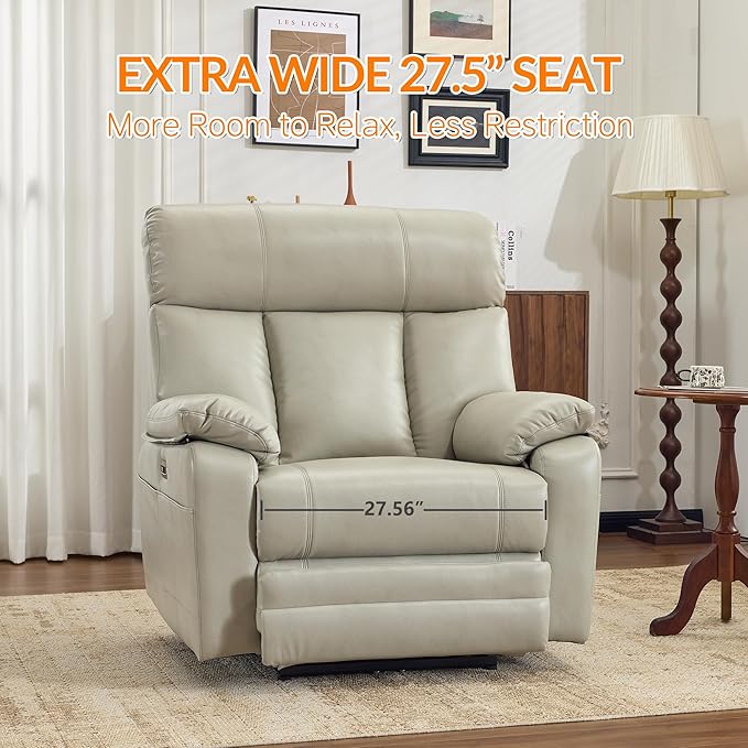 AEDI 450lbs Power Recliner Chair for Big and Tall Adults Oversized Electric Reclining Sofa for Living Room,Extra Wide 27.5” Seat,Extended Footrest,USB Charging(Faux Leather,Gray)