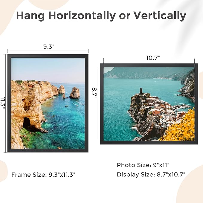 9x11 Metal Picture Frame - Black Aluminum Picture Frames with Real Glass, Wall Mounting Horizontally or Vertically, Simple and Elegant Decor for Wall Gallery Poster Photo 11x9 Frame, Black