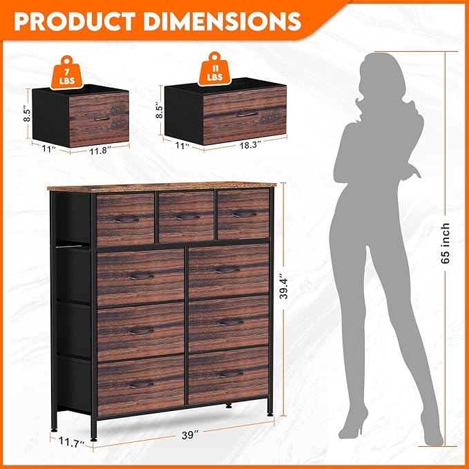 Dresser for Bedroom with 9 Drawers, Chest of Drawers, Storage Drawers Organizer Unit, Black Wide Fabric Dresser with Fabric Bins for Closet, Living Room, Entryway (Brown and Rustic Brown)