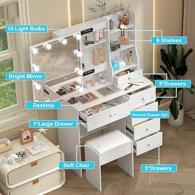 Small Vanity with Mirror and Lights,Vanity Table with 6 Drawers 6 Storage Shelves & 10 LED Bulbs Slide Mirror for Bedroom,White,31.5" L*14.2" W*51.2" H