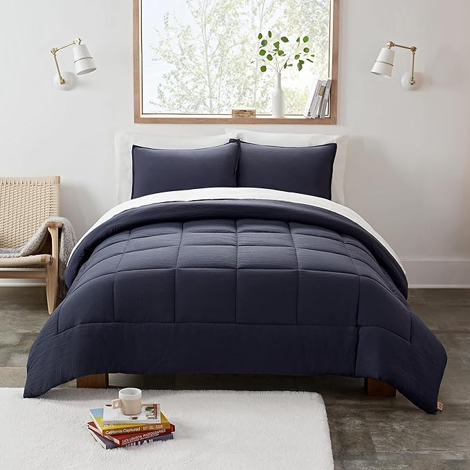 UGG Leonora Comforter Set with 2 Pillow Shams Lightweight Down Alternative Blanket Reversible Cozy Warm All Season Washable and Hypoallergenic Bedding Set, King, Navy Blue
