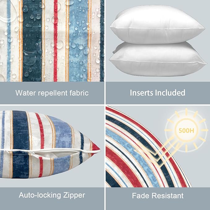 LVTXIII Outdoor Throw Pillows 18x18 Patio Waterproof Square Pillows with Piping Fade Resistant Accent Pillow for Spring Summer Garden Decoration, Set of 2, Stripe Red Blue