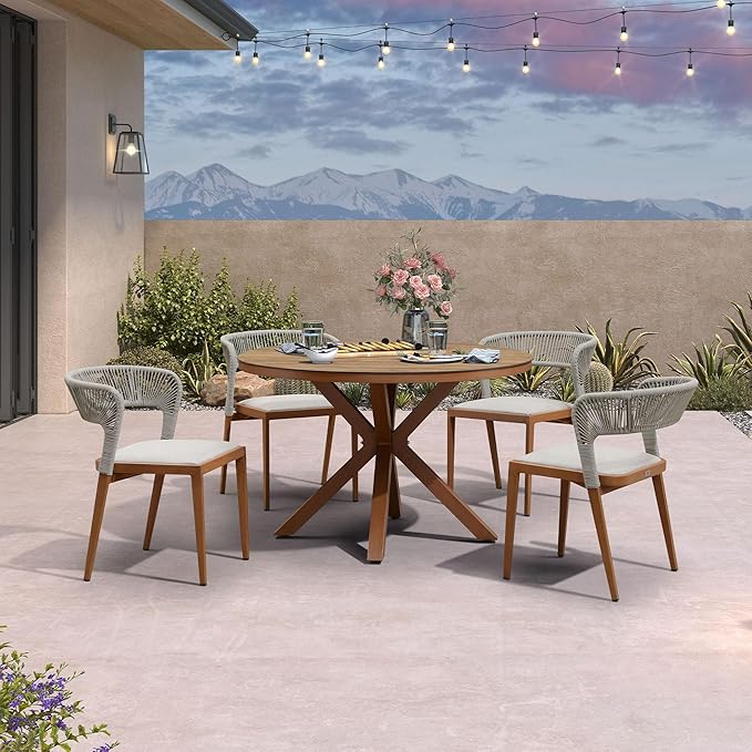 PURPLE LEAF 5 Pieces Oversize Round Patio Dining Set Outdoor Furniture with Rattan Chairs for Lawn Garden Backyard Aluminum Table Sets Deep Teak Outdoor Set