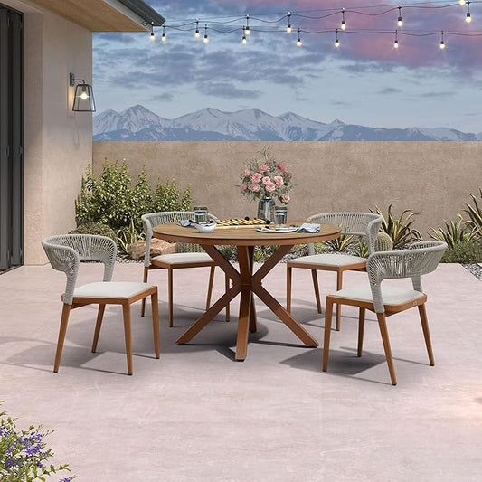 PURPLE LEAF 5 Pieces Oversize Round Patio Dining Set Outdoor Furniture with Rattan Chairs for Lawn Garden Backyard Aluminum Table Sets Deep Teak Outdoor Set