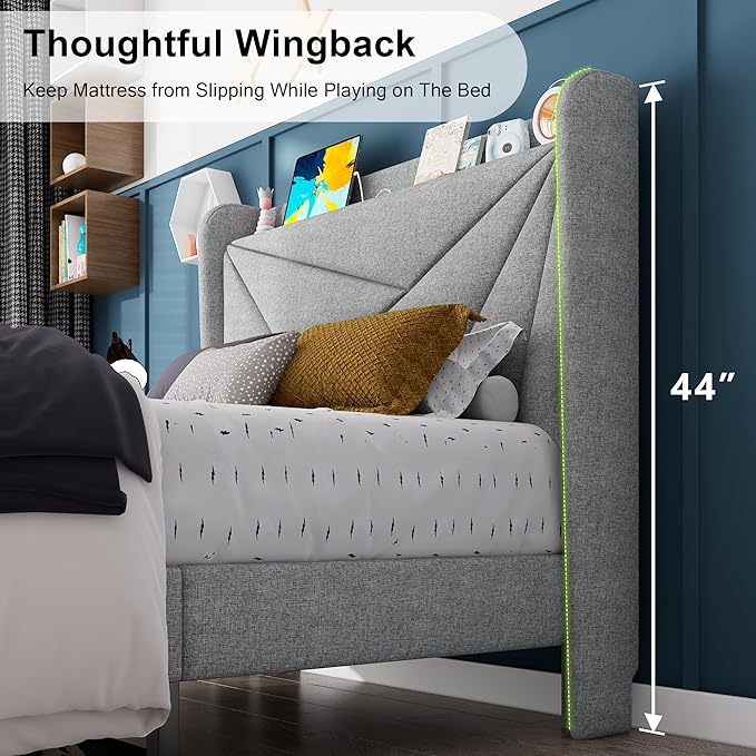 Feonase Twin Bed Frames, Upholstered Bed Frame with Charging Station, Wingback Storage Headboard, No Box Spring Needed, Noise-Free, Light Gray