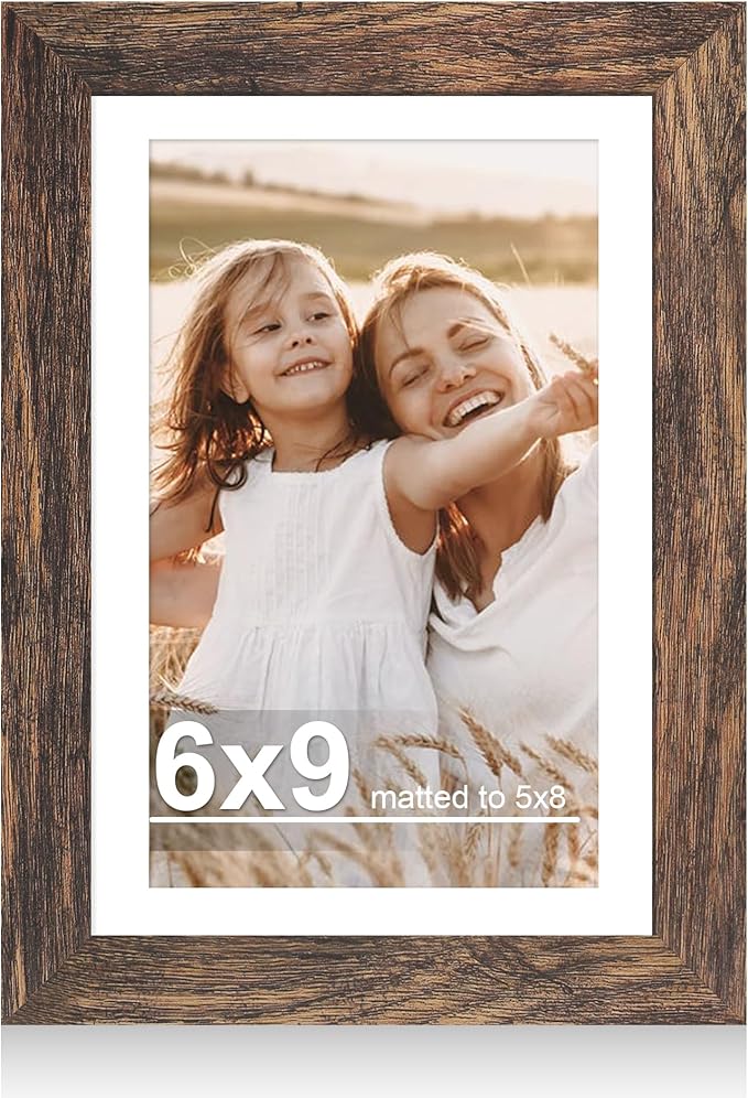 6x9 Picture Frame with Glass, Display Pictures 5x8 with Mat or 6 x 9 without Mat - Wall and Tabletop, 6 by 9 Photo Wooden Frames (Rustic Brown, 1 Pack)