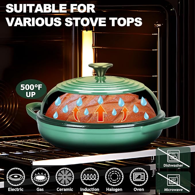 TeamFar Cast Iron Bread Dutch Oven, 6 Qt Enameled Dutch Oven Pot for Sourdough Bread Baking, with Tall Dome Lid & Round Base Pan, Self-Basting & Even-Heating, Heavy-Duty & Non-stick, Dark Green