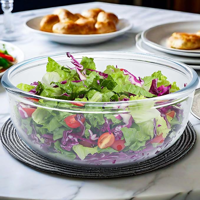 Mixing Bowls - 6 Quarts Glass Mixing Bowls - Salad Bowl With Serving Utensils - Microwave And Freezer Safe Bowls For Kitchen