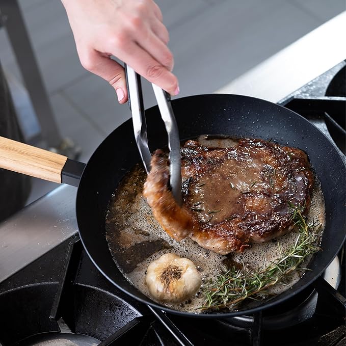 Alva Forest 9.5" Carbon Steel Frying Pan Pre-Seasoned, Lightweight Chef-Grade Skillet, Stay-Cool Acacia Handle, Natural Nonstick, Induction & All-Stove Compatible – Professional Restaurant Quality