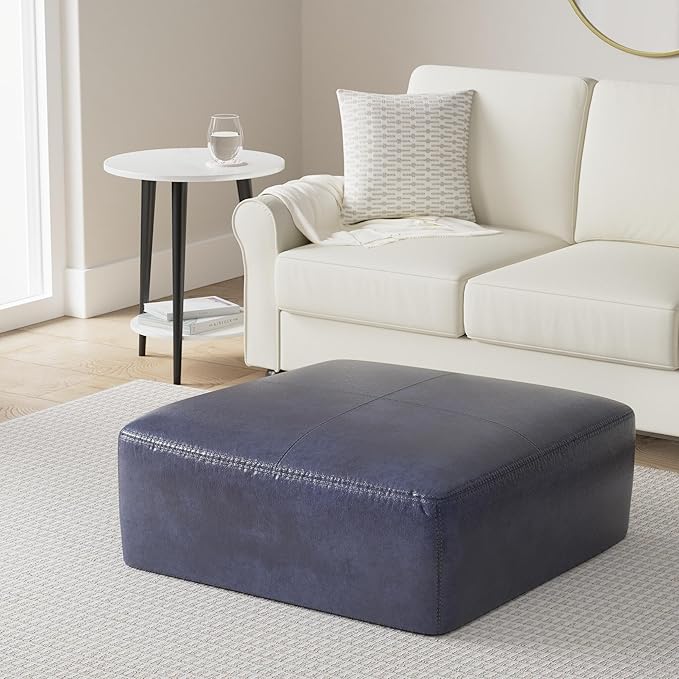 Poly & Bark Sequoia Ottoman – 35” Square Pouf with Feather-Down Topper – Full-Grain Leather Upholstered Pouf Ottoman for Living Room – Italian Leather in Midnight Blue