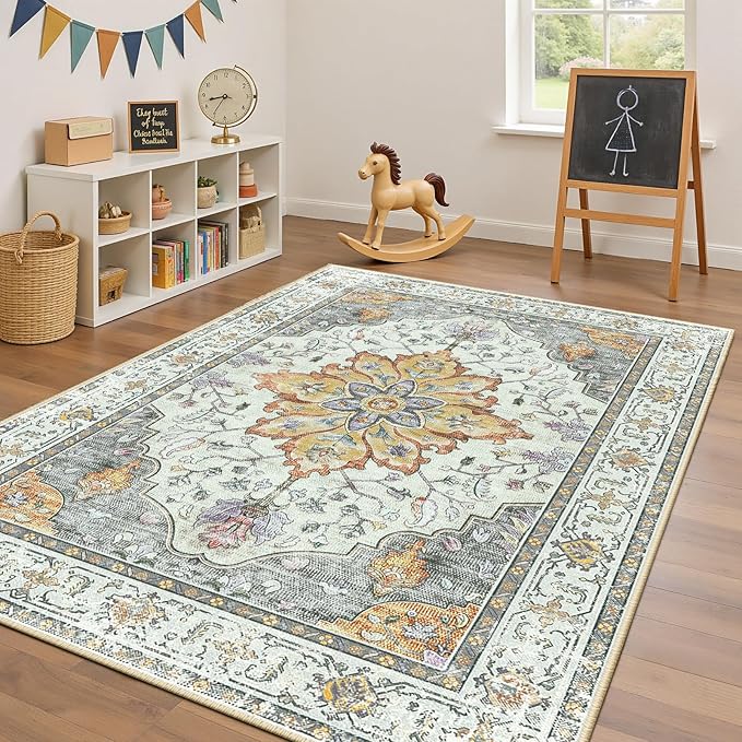 Area Rugs 4'x6' Washable Non-Slip, Floral Vintage Distress Print Pattern Medallion Carpet for Living Room Bedroom Dining Room, Light Yellow Carbon Grey Orange
