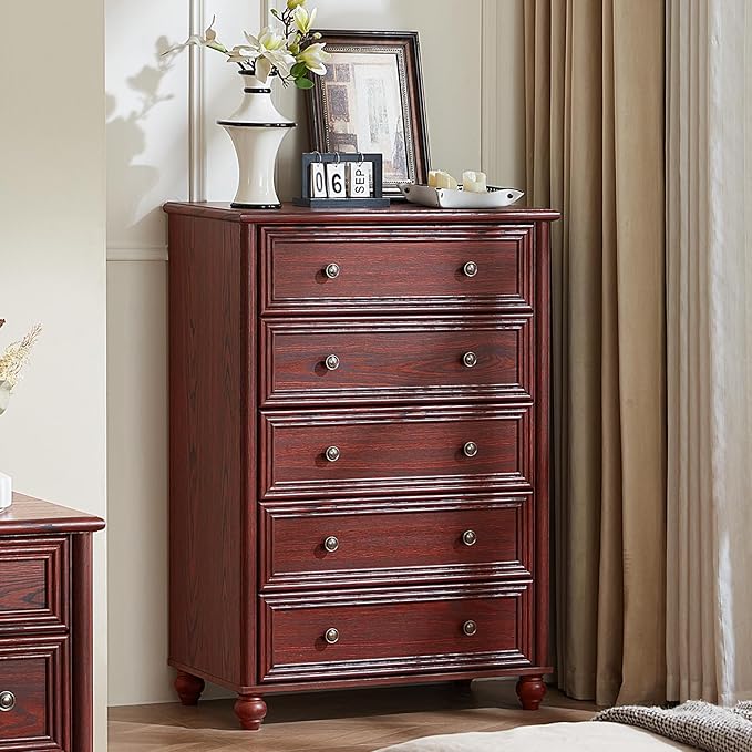 Farmhouse 5 Drawers Dresser for Bedroom, Wood 45" Tall Dressers Chest of Drawers, Kids Dresser Rustic Storage Dressers Organizer with Metal Handle Closet for Living Room, Hallway, Red Oak
