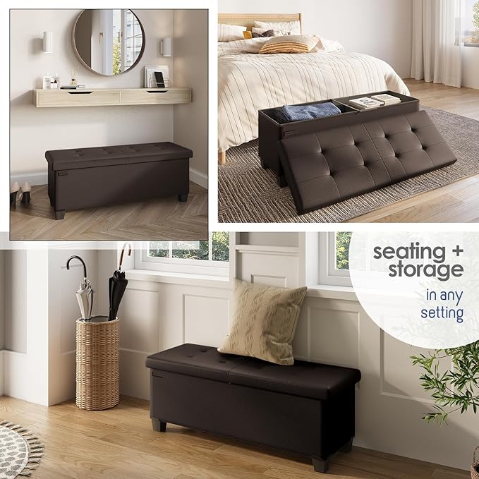 STORAGEBUD Storage Ottoman Bench with Bins, 43-in Storage Bench for Bedroom End of Bed, Folding Foot Rest Ottoman for Living Room Max 660lbs, Faux Leather Ottomans, Brown