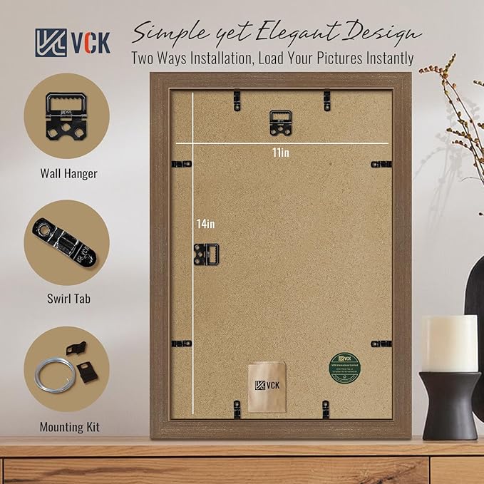 VCK 11x14 Brown Picture Frames 3 Pack, High-End Wood Wide Border Poster Frame, Multi-Directional Display Family Photos, Office Prints, Studio/Gallery/Home Artwork