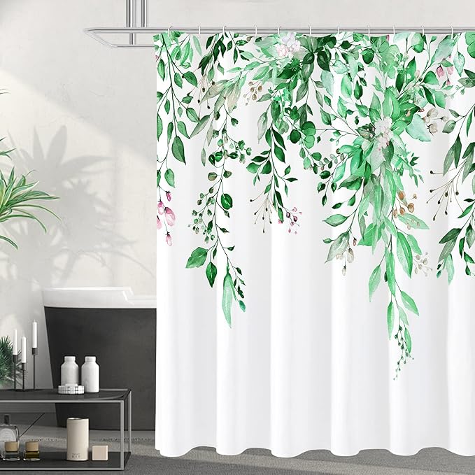 Gibelle Emerald Green Eucalyptus Shower Curtain, Watercolor Plant Leaves with Floral Bathroom Shower Curtain Set with Hooks, 72x72
