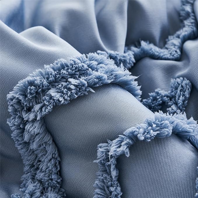 KAKIJUMN Blue Tufted Comforter Set Full Size 7 Piece Bed in a Bag, Shabby Chic Boho Comforter and Sheet Set, Pom Pom Textured Bed Set, All Season Soft Microfiber Complete Bedding Set(Blue,Full)