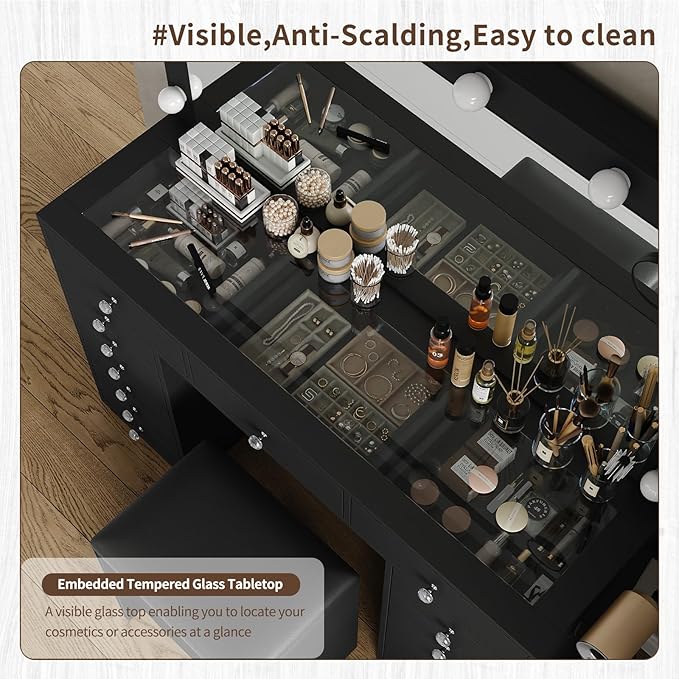 15 Drawers Makeup Vanity with Charging Station, Vanity Desk with 12 LED Bulbs and HD Mirror, 3 Color Brightness Adjustable, Vanity Set for Bedroom, Black