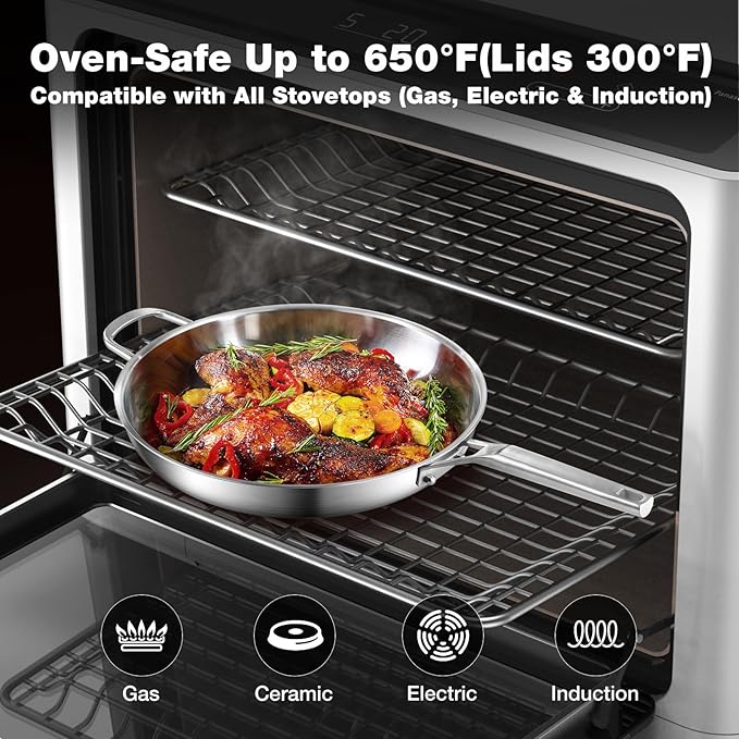 Stainless Steel Pan,14 inch Frying Pan, Heavy Duty, Large Frying Pan, Fast & Even Heating, Up to 650°, Oven & Dishwasher Safe,Compatible with All Cooktops