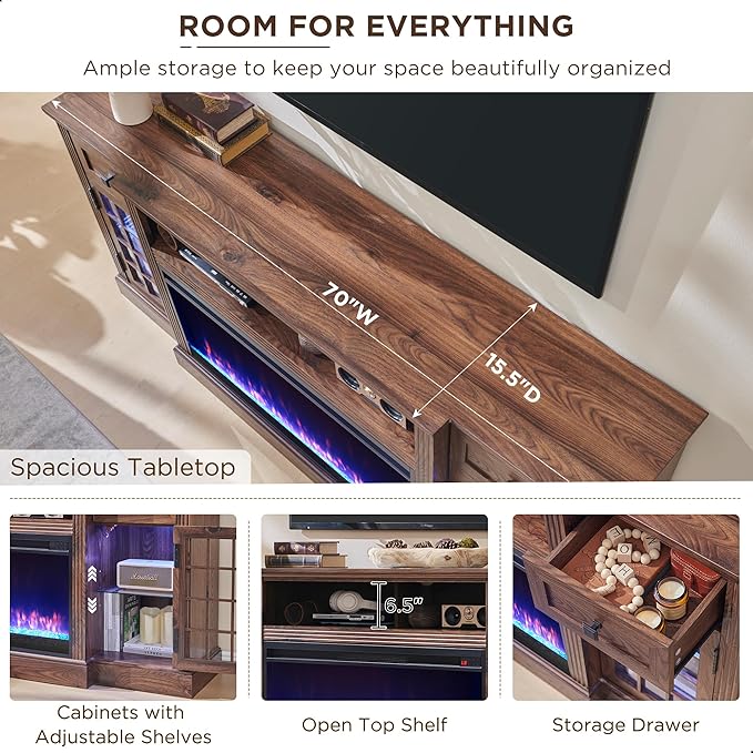 JXQTLINGMU Fireplace TV Stand for 80 Inch TV, Farmhouse Highboy Entertainment Center w/LED Lights & 36" Electric Fireplace, Large Media Console w/Glass Door Cabinet & Storage Drawer, Brown