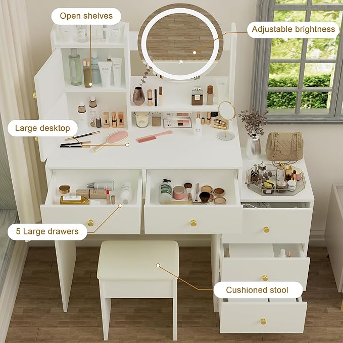 Makeup Vanity Desk with Mirror & LED Lights, Cushioned Chair, Vanity Table Set for Bedroom with 5 Storage Drawers, Stylish Dressing Table with 3 Color Lighting for Girls & Makeup Enthusiasts