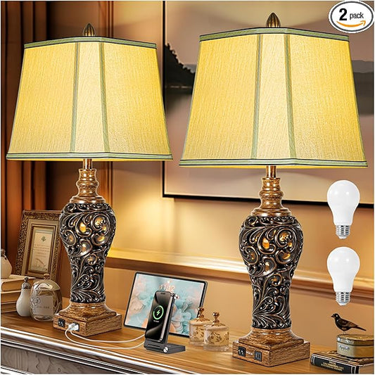 32'' Tall Rustic Vintage Table Lamps Set of 2 with Night Lights - Bedside Lamp with Faux Silk Shades for Bedroom and Living Room with 2 USB Charging Ports,Rustic Lamps for Living Room(Bulb Included)