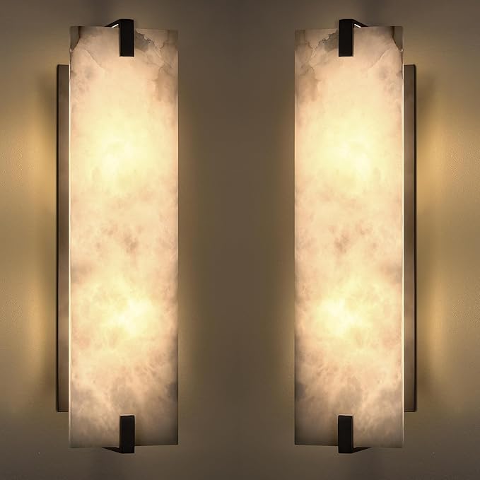 2 Pack 2 Light 20.7" Natural Square Alabaster Marble Bathroom Wall Sconce Modern Concise Style Wall Light Fixture,Black Finish for Bedroom Hallway Bedside