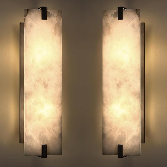 2 Pack 2 Light 20.7" Natural Square Alabaster Marble Bathroom Wall Sconce Modern Concise Style Wall Light Fixture,Black Finish for Bedroom Hallway Bedside