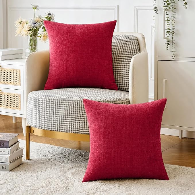 MIULEE Pack of 2 Red Couch Throw Pillow Covers 16x16 Inch Soft Chenille Pillow Covers for Sofa Living Room Solid Dyed Pillow Cases
