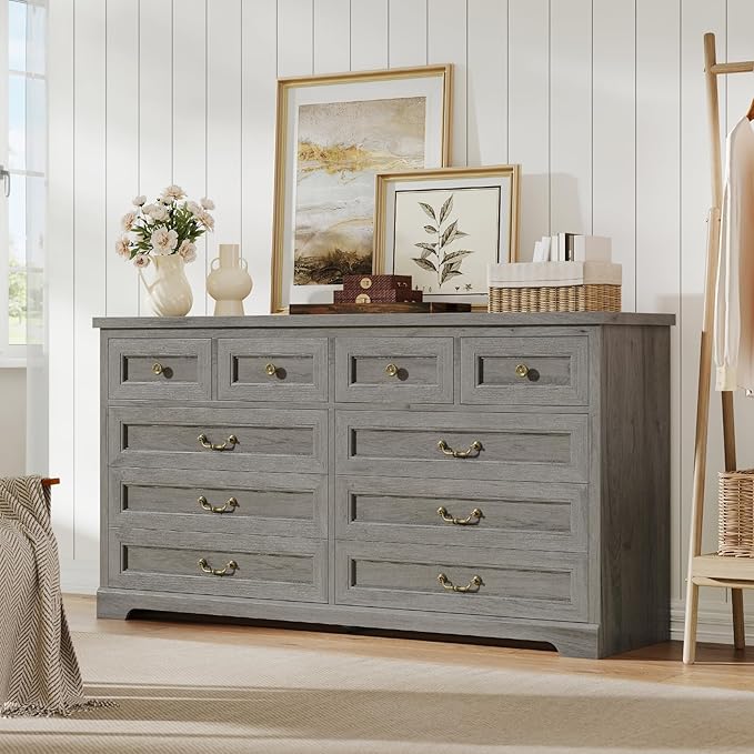 DICTAC 10 Drawers Dresser for Bedroom,55" Wide Farmhouse Dresser with Natural Texture and Vintage Metal Handles, Rustic Wood Chest of Drawers for Bedroom, Living Room, Hallway,Oak Grey