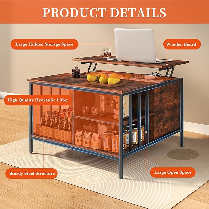 Lift Top Coffee Table with Storage,Square Coffee Tables with Hidden Compartment,Farmhouse Rustic Lift Tabletop Pottery Barn Coffee Table with Opening Drawers for Living Room,Assemble Required