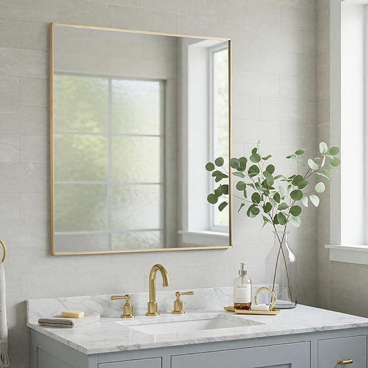 30x36 Inch Gold Bathroom Mirror - Copper-Free Mirror, Aluminum Alloy Frame Vanity Rectangle Wall Mounted Modern Mirror for Bedroom/Living Room/Porch Horizontal or Vertical