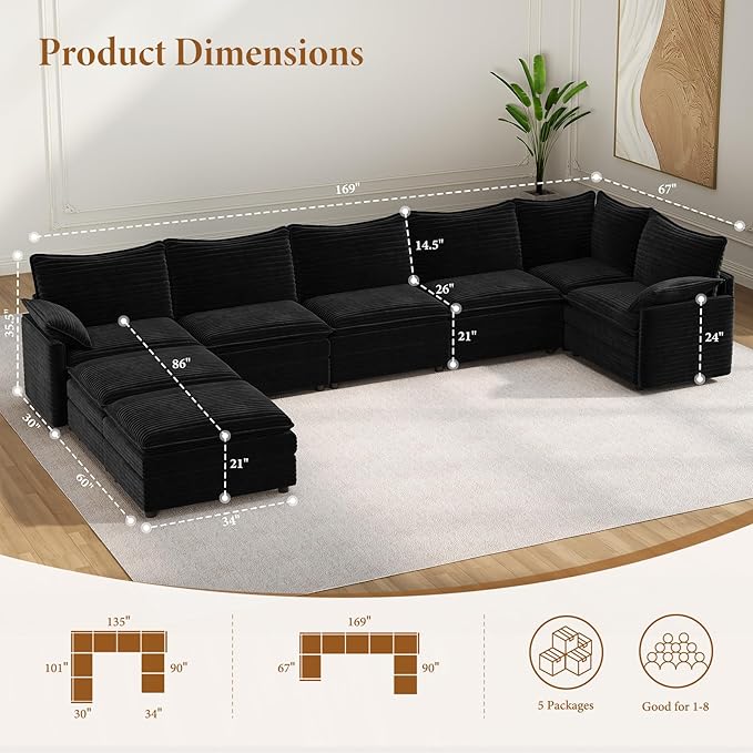 Vesgantti Large Modular Sectional Sofa, Big Comfy Cloud Couch with Ottoman Deep Seat Corduroy Cloud Sofa, 8 Seater Large Sectional Couches for Living Room, Bedroom and Apartment, Black