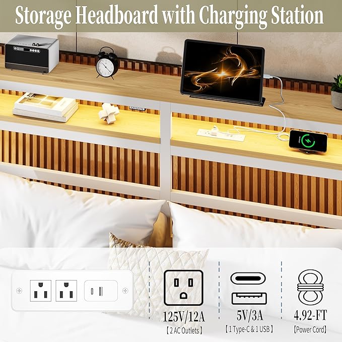Floating Bed Frame Queen with LED Lights &USB Charging Station – Modern Platform Bed with 2 Tier Storage Headboard, Metal Slat Support, No Box Spring,Easy Assembly, Noise-Free, White