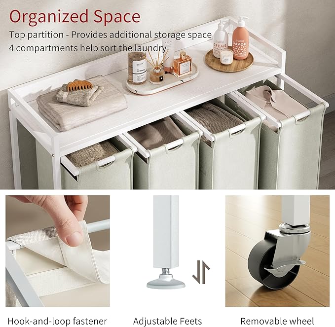 Laundry Hamper with Shelf, Laundry Basket 4 Section, Laundry Sorter with Pull-Out Removable Large Bags and Movable Wheels, Metal Frame, 4 x 15.87 Gallons (60L), White PF07XLW