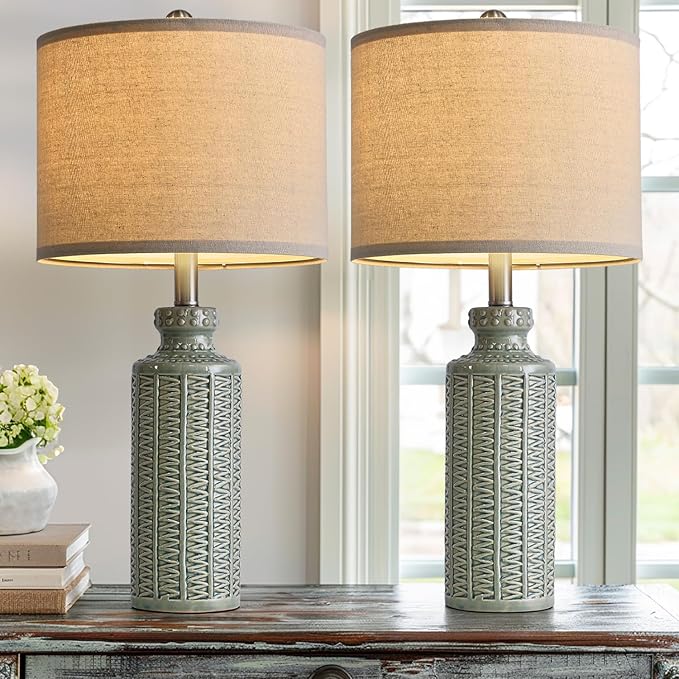 24.75'' Farmhouse Light-Green Ceramic Single Table Lamp for Bedroom Living Room Vintage Traditional Rustic Modern Nightstand Bedside Lamps