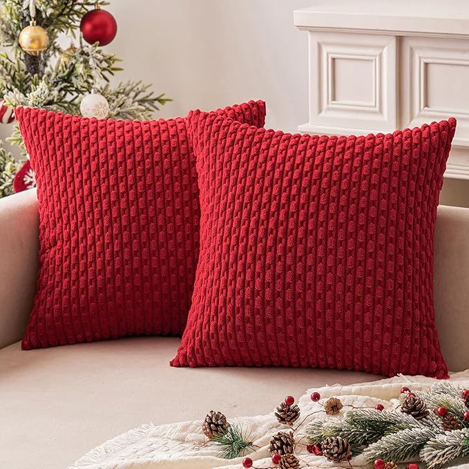 MIULEE Christmas Red Throw Pillow Covers Soft Corduroy Decorative Set of 2 Boho Striped Pillow Covers Pillowcases Farmhouse Home Decor for Couch Bed Sofa Living Room 20x20 Inch