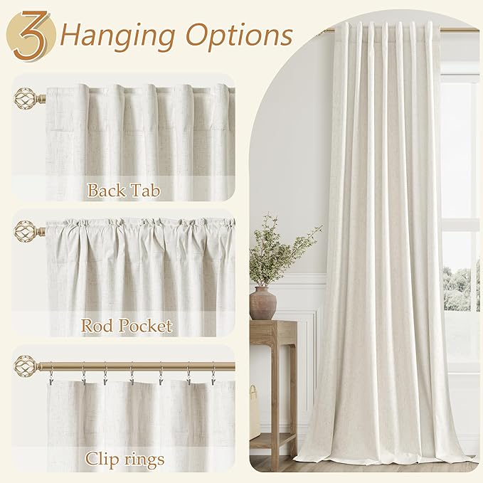 Cream Linen Blackout Curtains 132 Inch Length 2 Panels Set for Living Room Bedroom Back Tab Thermal Insulated 100% Black Out Linen Drapes Room Darkening Window Curtains 132 Inches Long Ivory Natural