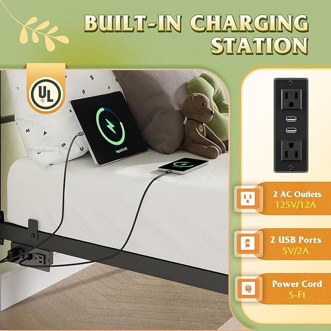 WLIVE Twin Bed Frames with Storage, Twin Bed Frame with LED Lights and Charging Station, Metal Platform Bed Frame with Headboard, Black