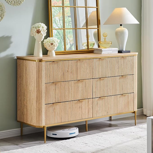 T4TREAM Fluted 6 Drawers Dresser for Bedroom, 54" Wide Modern Dresser TV Stand, Gold Accents, Fluted Fronts, Wood Storage Dressers Organizer for Bedroom, Living Room, Natural Oak